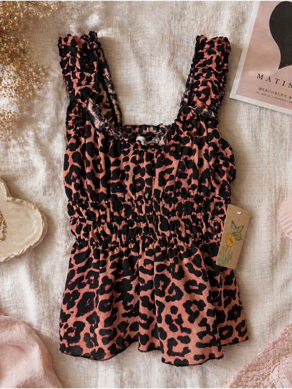 Persaya Leopard Print Ruffle Strap Smocked Top Size M NWT